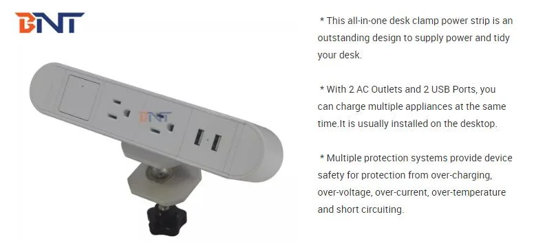 Screw Fixed Socket, Easy to Disassemble Socket 2 Us Power 2 USB Charging Removable Desktop Mount Multi-Outlets Clamp on Desk Edge Mount Power Strip Socket