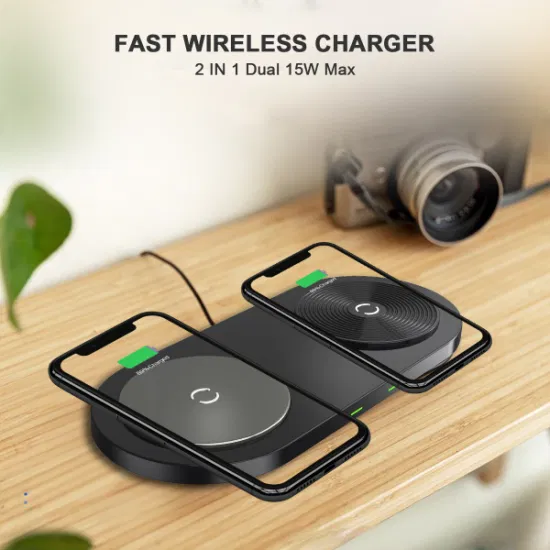 2 en 1 Vente Chaude Certificat Qi Double Bobine Charge Rapide 15W Portable Rapide Chargeur Sans Fil Pad Smart Desktop Qi Chargeur Sans Fil