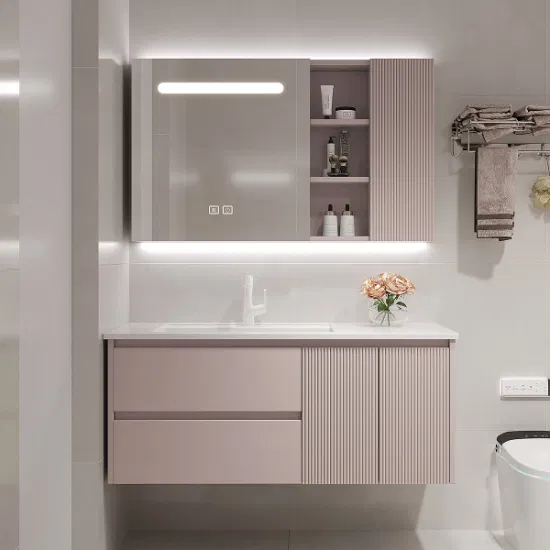 Armoire de salle de bain flottante de luxe, avec éviers, robinets, miroir de vanité LED, dessus en pierre frittée avec lavabos