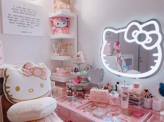 Impressions Vanity Hello Kitty Miroir Mural Smart Touch Sensible Maquillage Vanity Miroir et Changement de Couleur Gradation LED Bande Lumineuse Jinghu Meubles Miroir